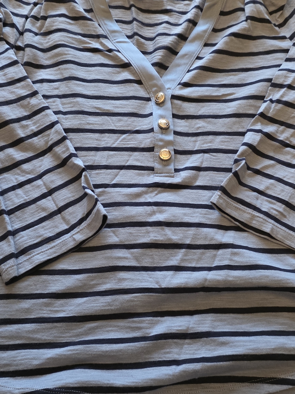 White House Black Market Light Gray and Black Striped 3/4 Sleeve Shirt